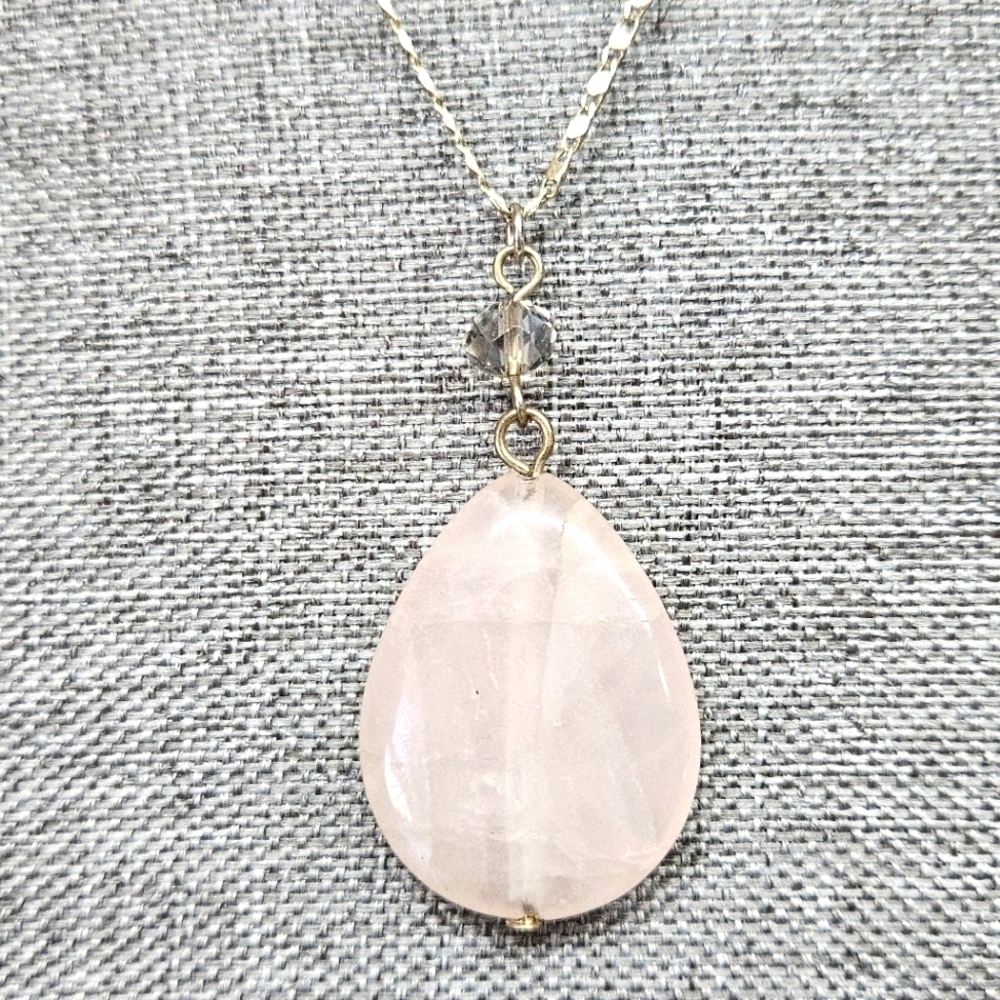 VINTAGE LC Louis C Pink Quartz Stone Long Gold-Tone Chain Necklace Pendant